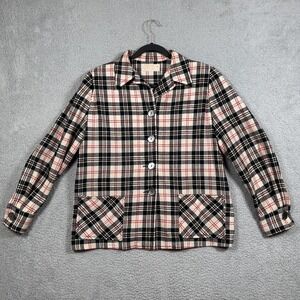 Vintage Pendleton Jacket Womens 16 Black Red Plaid Wool Button Front Pockets 60s